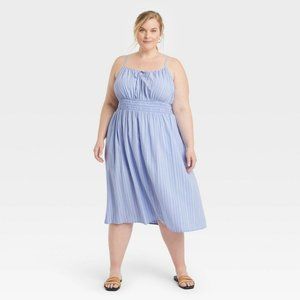 Women's Plus Size Linen Tie-Front Smocked Dress - Ava & Viv™ Striped